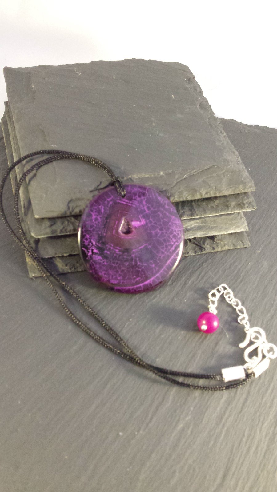 Black and Pink Agate and Druzy Disc on Cord Necklace