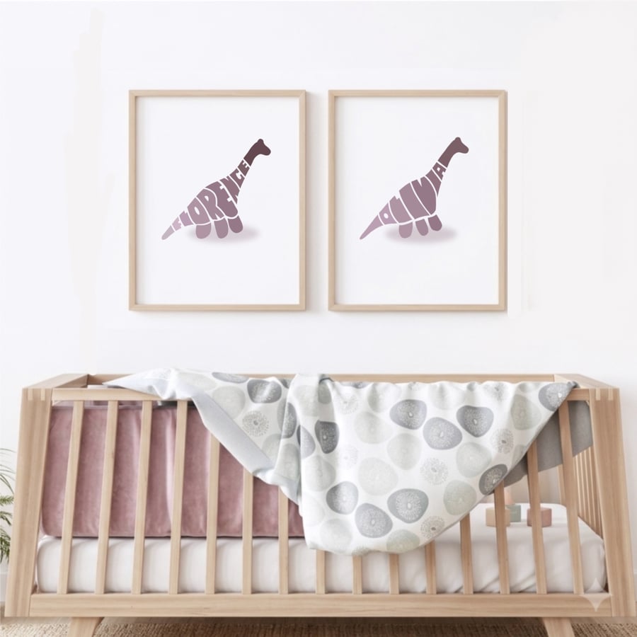 Personalised Girls Dinosaur Art Set of 2 Prints First and Middle Names A4 A3