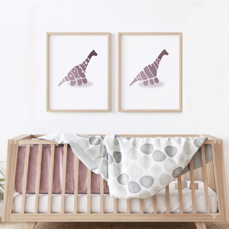 Personalised Girls Dinosaur Art Set of 2 Prints First and Middle Names A4 A3