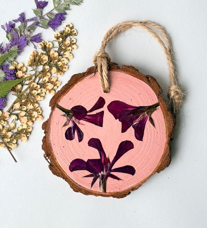 Real Pressed Flower, Pelargonium, Hand Painted Wood Slice Hanging Decoration