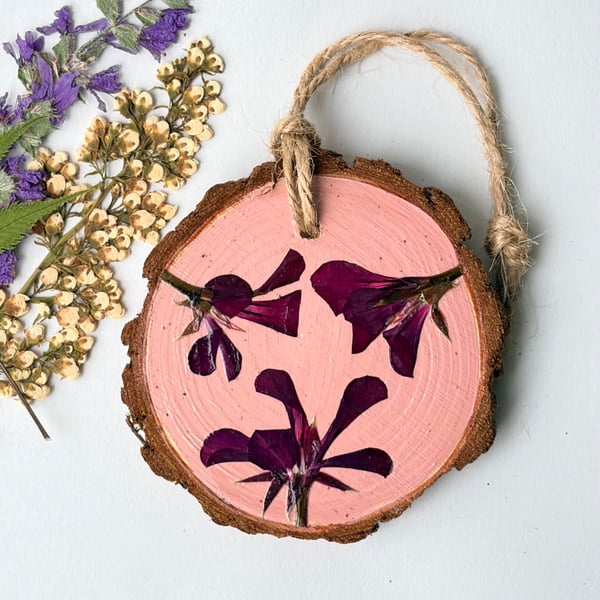 Real Pressed Flower, Pelargonium, Hand Painted Wood Slice Hanging Decoration