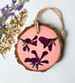 Real Pressed Flower, Pelargonium, Hand Painted Wood Slice Hanging Decoration