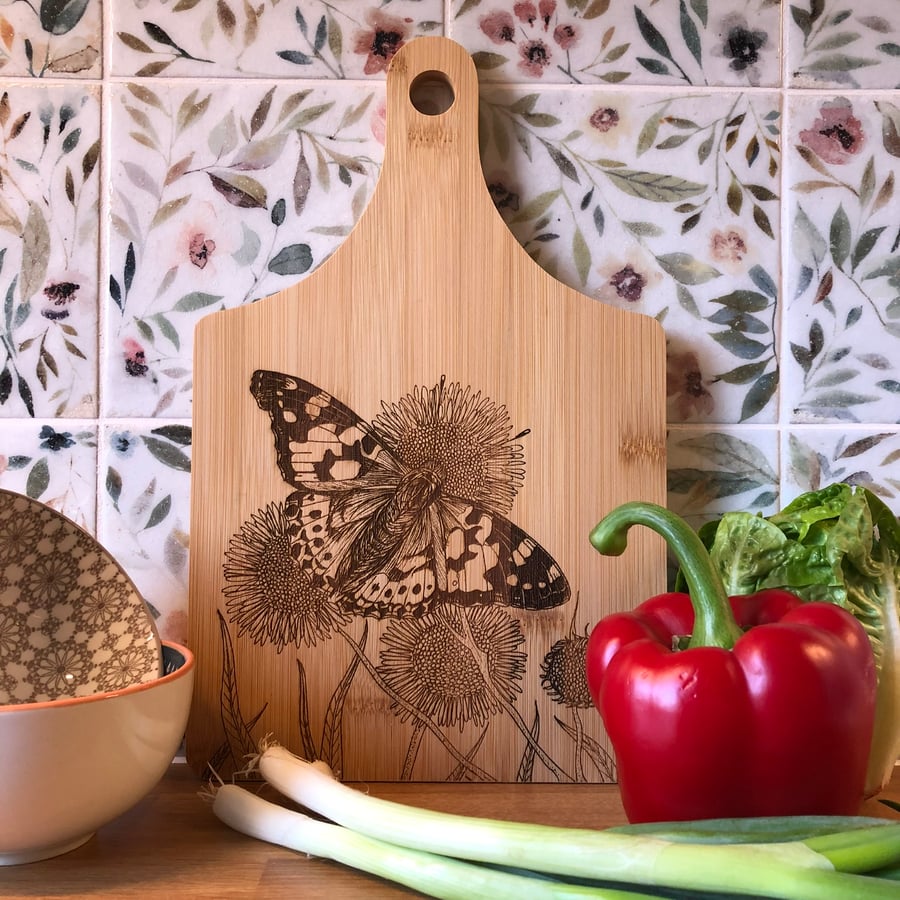 Bamboo wooden butterfly chopping board laser engraved with original artwork