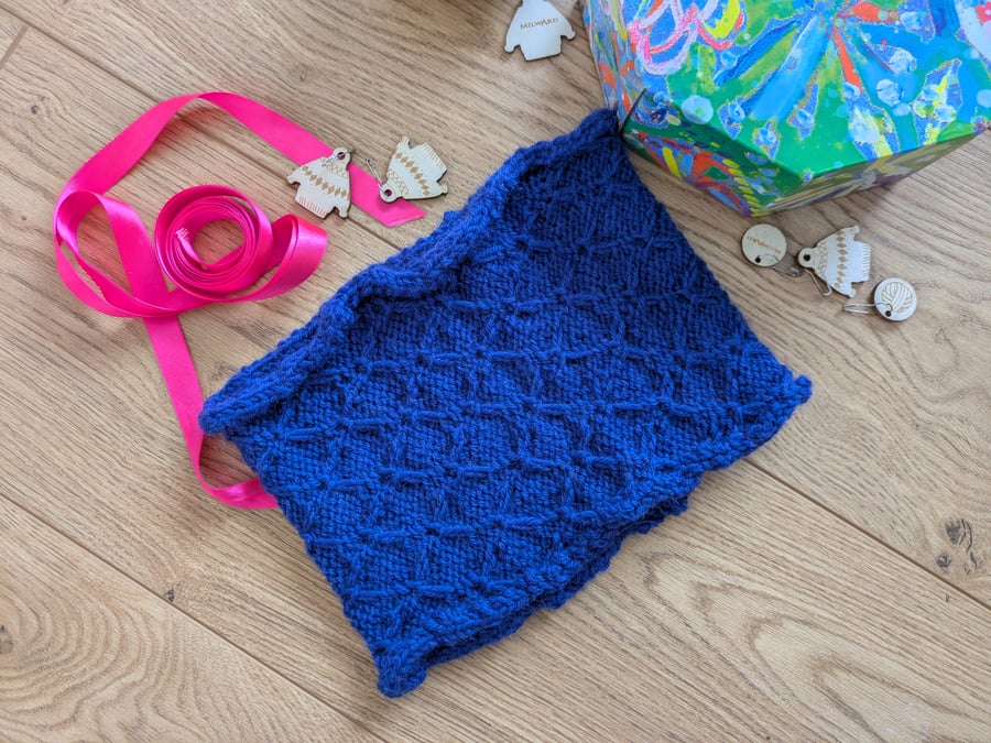 Handknit blue headband or snug Cowl in pure British wool