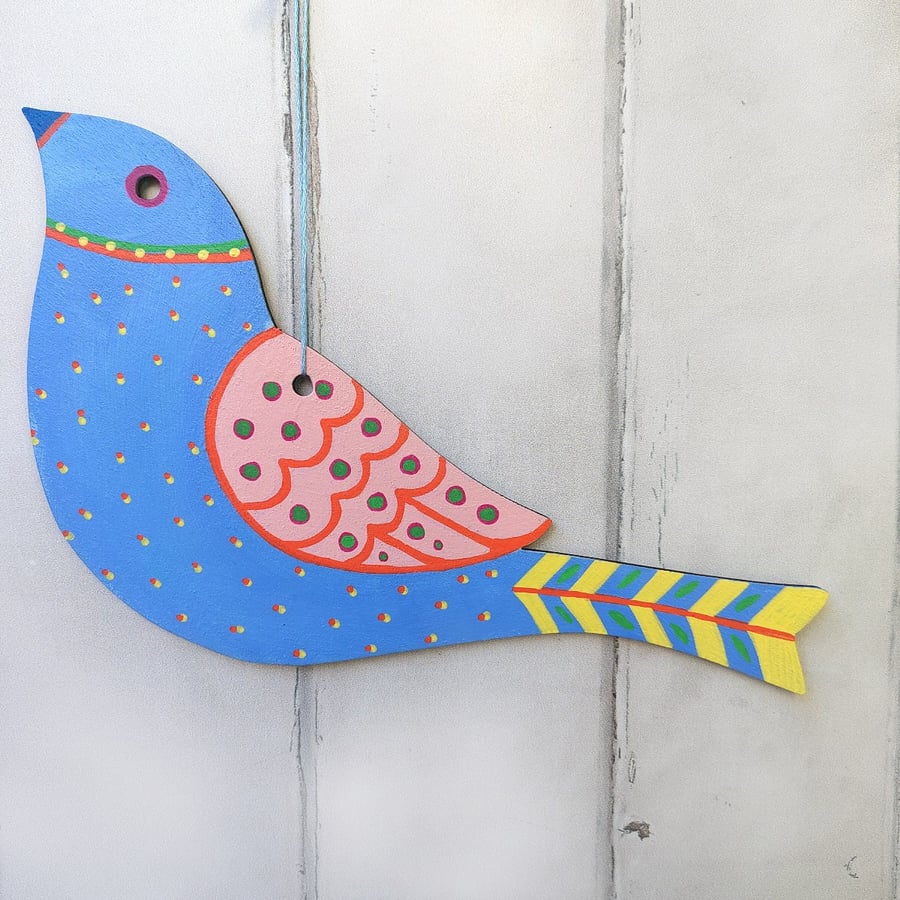 Hand painted wooden bird hanging, blue bird wall art, unique wall decor 