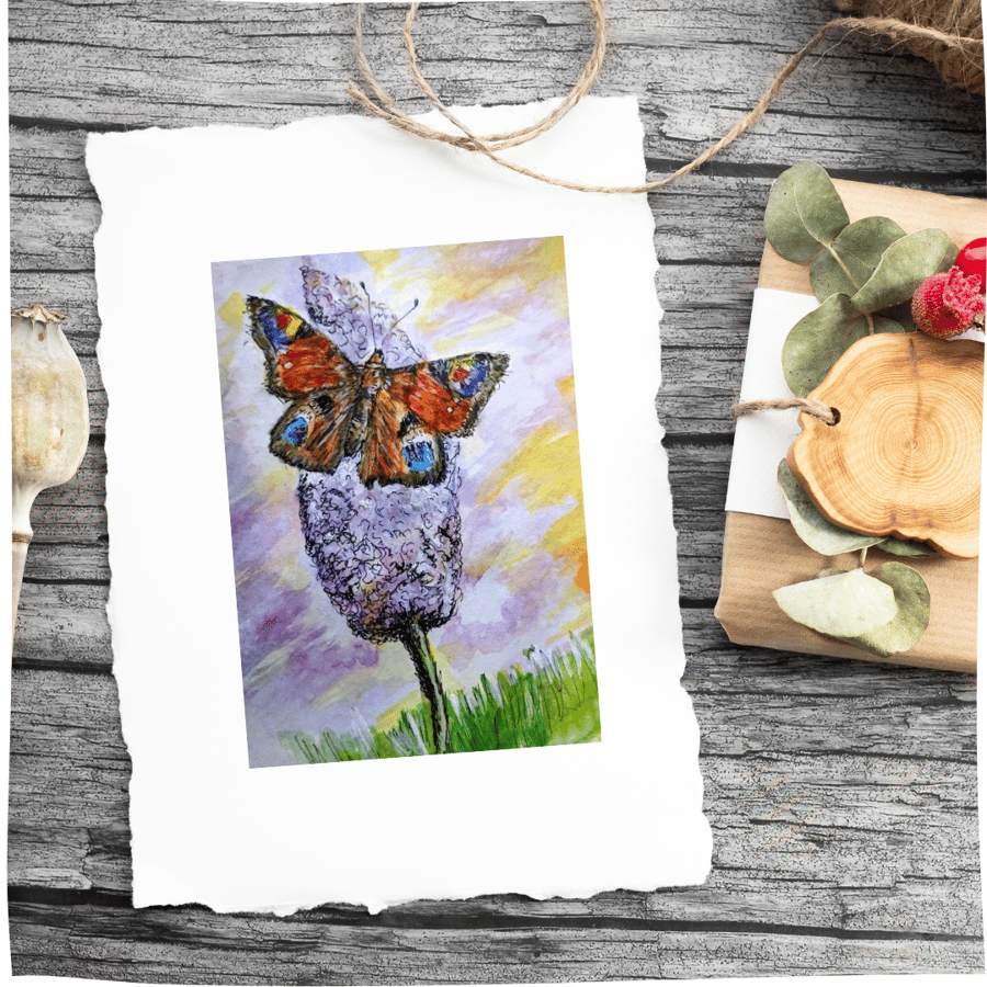 Birthday card, handmade,  peacock butterfly, buddleja, garden- ROB