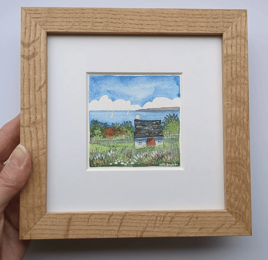 ORIGINAL MIXED MEDIA - Autumn Cottage by the Sea. Framed.