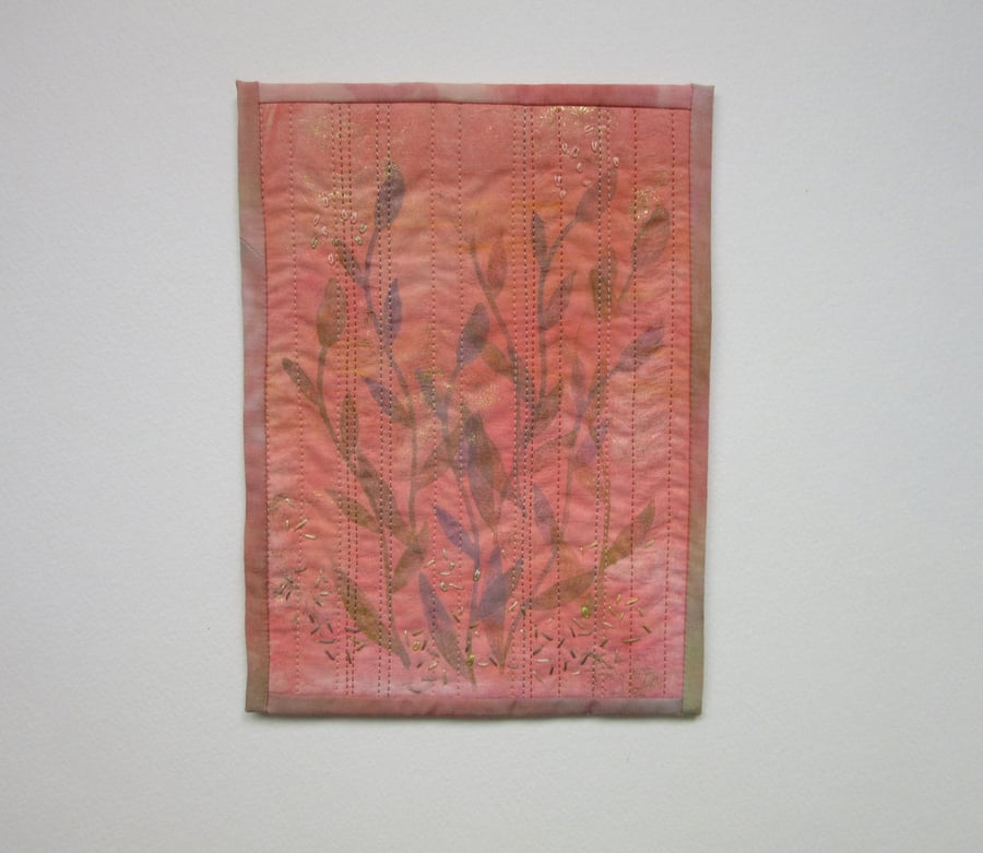 Small wall hanging.  Peach fabric picture.  Modern textile art