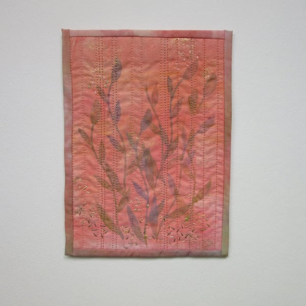 Small wall hanging.  Peach fabric picture.  Modern textile art