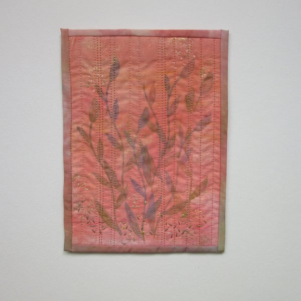 Small wall hanging, Peach fabric picture,  Modern textile art