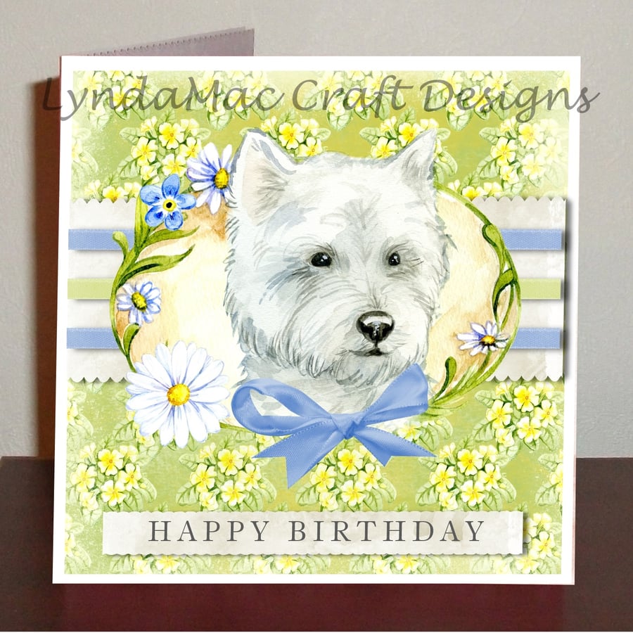 Cairn terrier birthday card, in pastel shades of green and blue