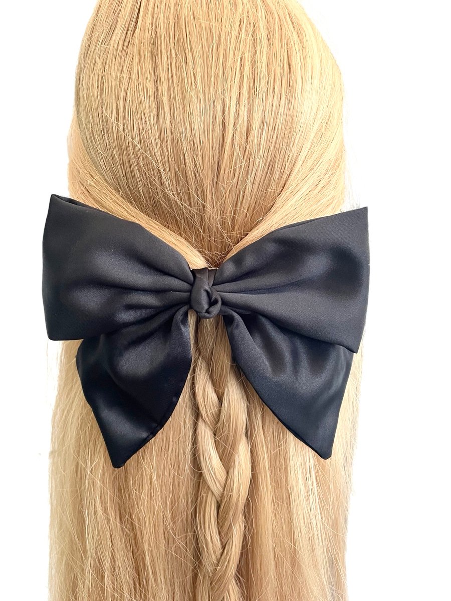 Black silky satin hair bow barrette clip for women