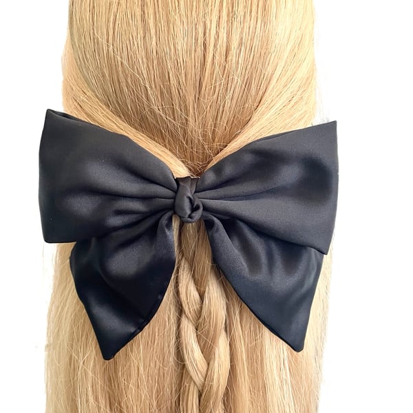 Black silky satin hair bow barrette clip for women