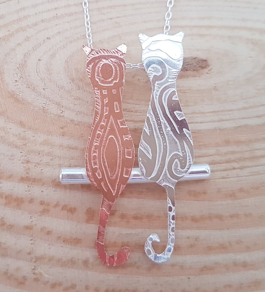 Sterling Silver and Copper Zentangle Cats Necklace Pendant