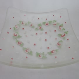 Handmade fused glass candy bowl - hand painted pink and red folk heart 