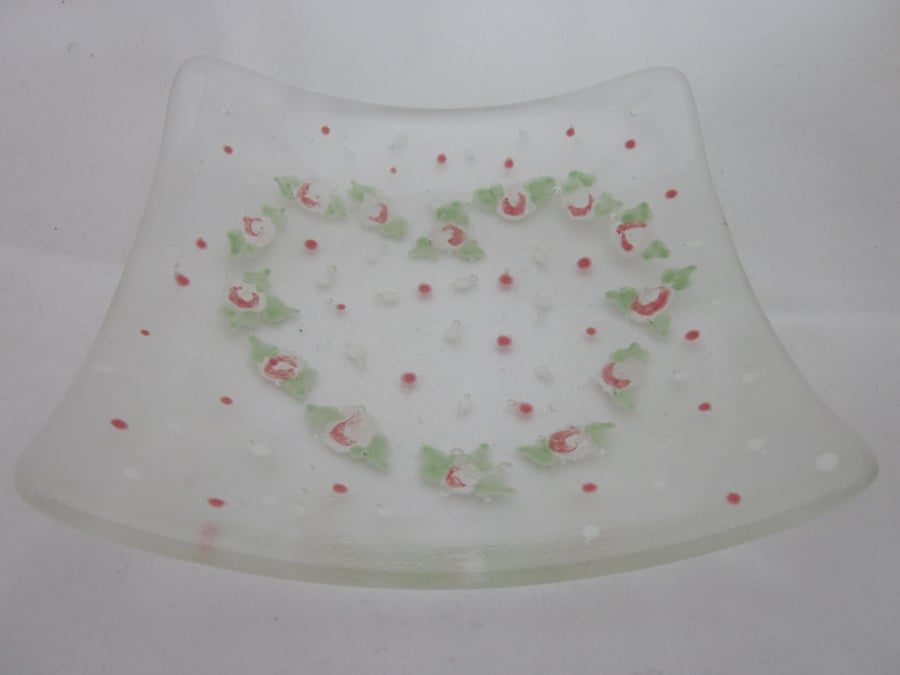 Handmade fused glass candy bowl - hand painted pink and red folk heart 