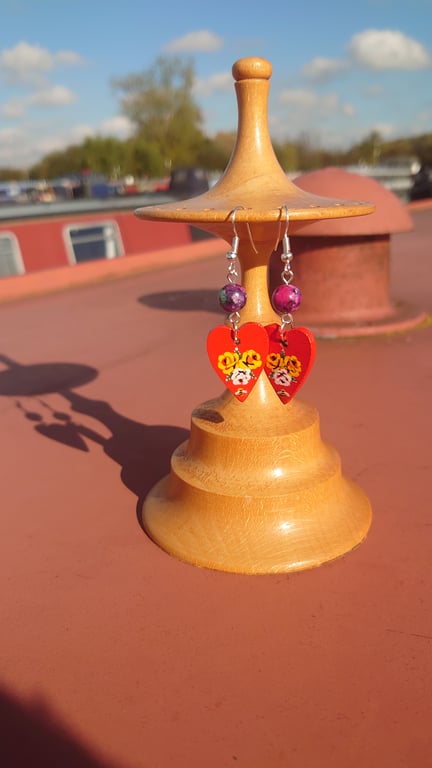 Red Heart shaped hand painted Rose and Castle earrings