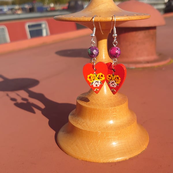 Red Heart shaped hand painted Rose and Castle earrings