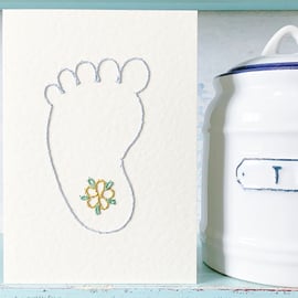 New Baby Card. Hand Stitched Card. Footprint Card. Blank Card. Baby Boy Card.