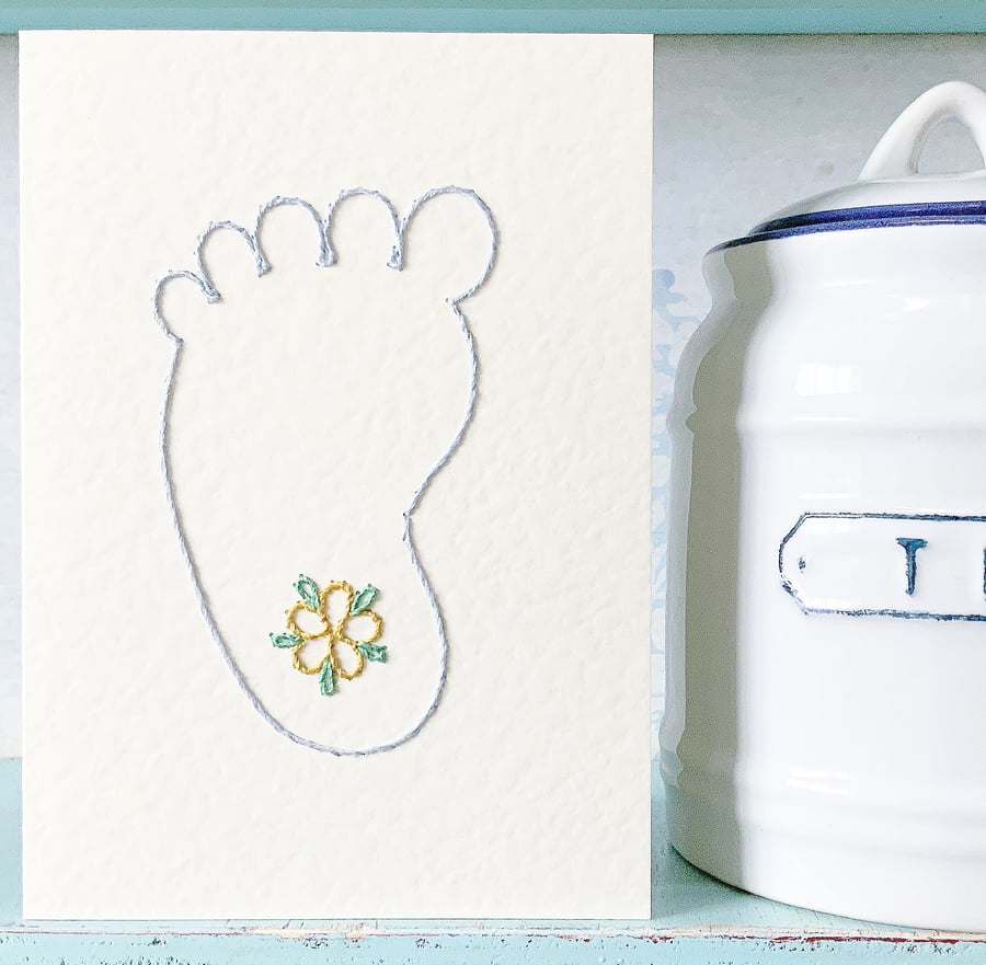 New Baby Card. Hand Stitched Card. Footprint Card. Blank Card. Baby Boy Card.