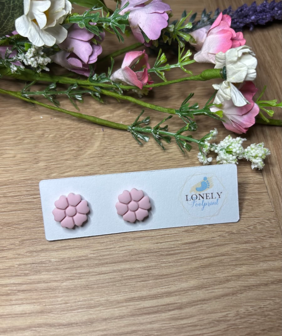 Pink Flower Polymer Clay Stud Earrings - Handmade Jewellery 