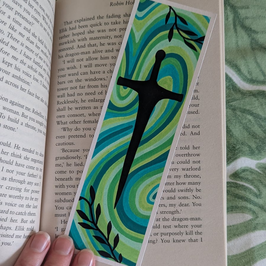 Handmade Green Swirl Sword and Leaves Bookmark