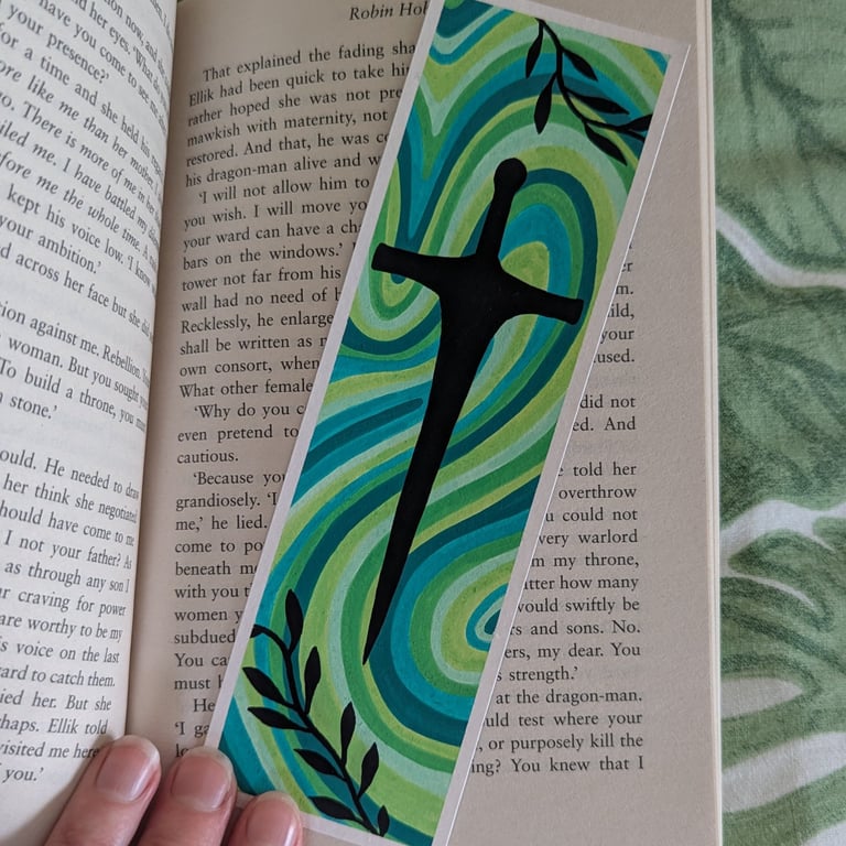 Handmade Green Swirl Sword and Leaves Bookmark