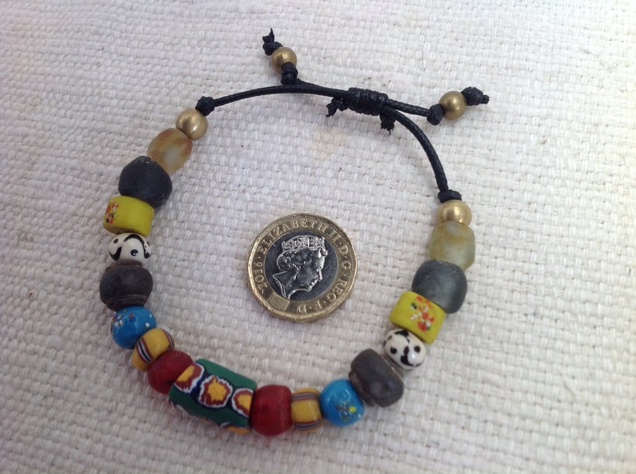 Adjustable bead bracelet with rare antique trade beads and new African beads