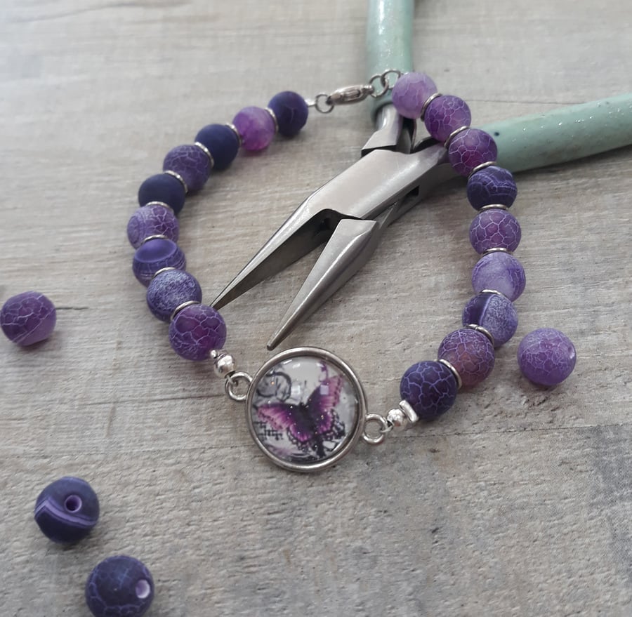 BR384 Purple Frosted crackled agate butterfly bracelet