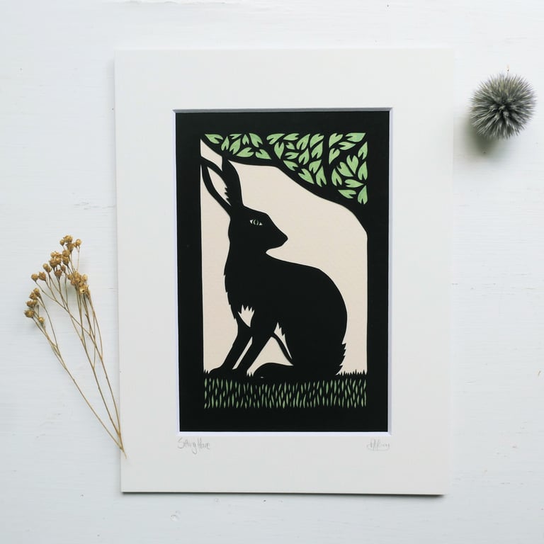 Papercut Silhouette - Sitting Hare - Original Wildlife Art