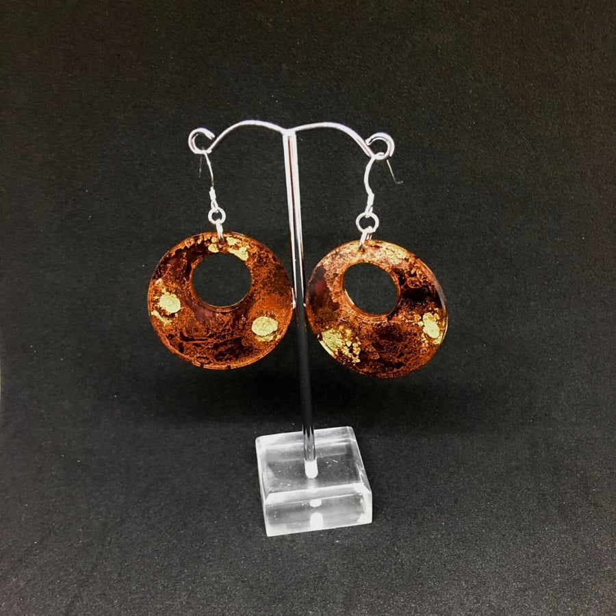 Golden brown and gold dangle circle earrings on sterling silver.