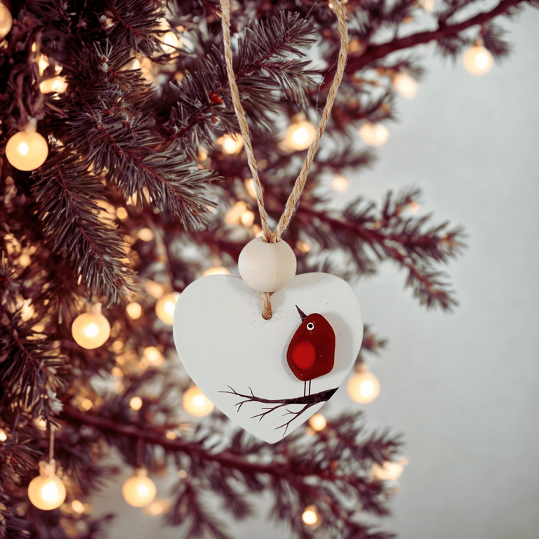 Sea Glass Robin Hanging Heart Dec - Beach Glass - Wooden Ornament Gift Tag