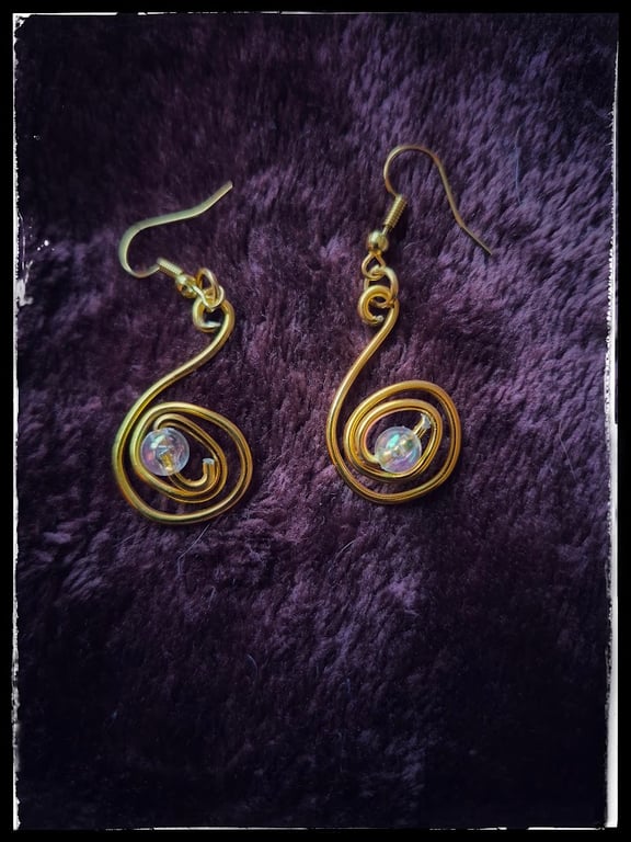Handmade Gold Wire Swirl Earrings – Iridescent Bead Drop – Lightweight Statement