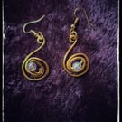 Handmade Gold Wire Swirl Earrings – Iridescent Bead Drop – Lightweight Statement
