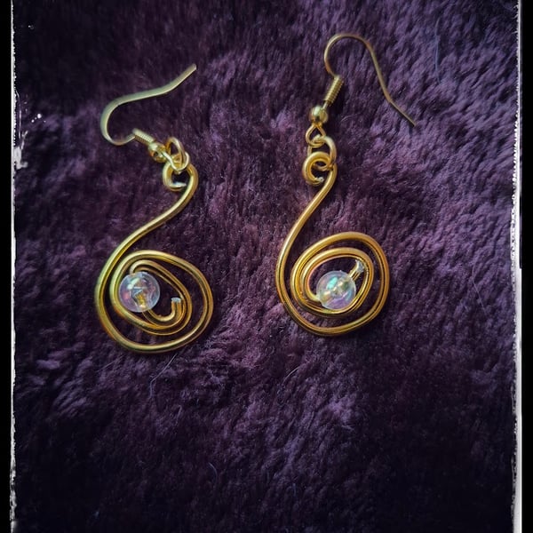 Handmade Gold Wire Swirl Earrings – Iridescent Bead Drop – Lightweight Statement