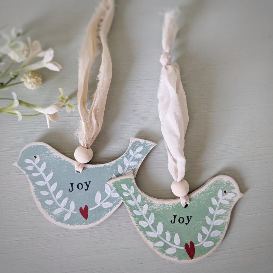 Painted Wooden Bird Hanging Decoration 'Joy' 