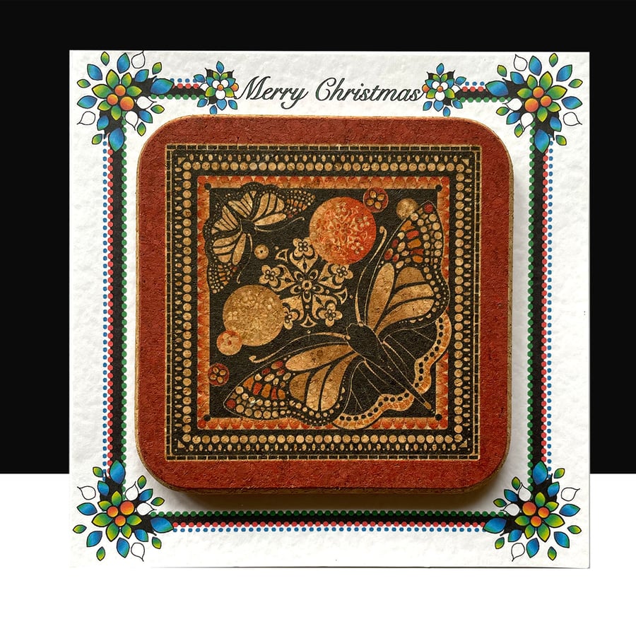 Christmas Cork Coaster Card – Red and Black Butterfy 