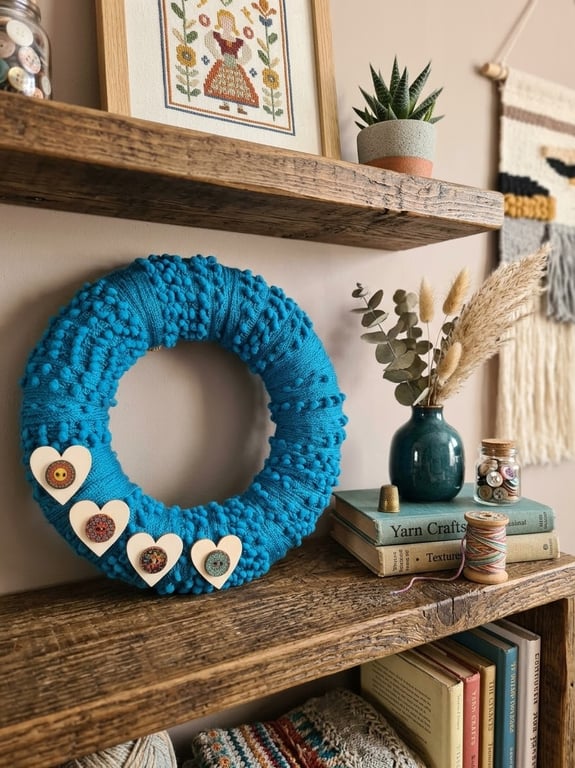 Handmade Bobbly Blue Yarn Wrapped Wreath With Wooden Heart Accents, Home Decor