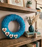 Handmade Bobbly Blue Yarn Wrapped Wreath With Wooden Heart Accents, Home Decor - Image 2