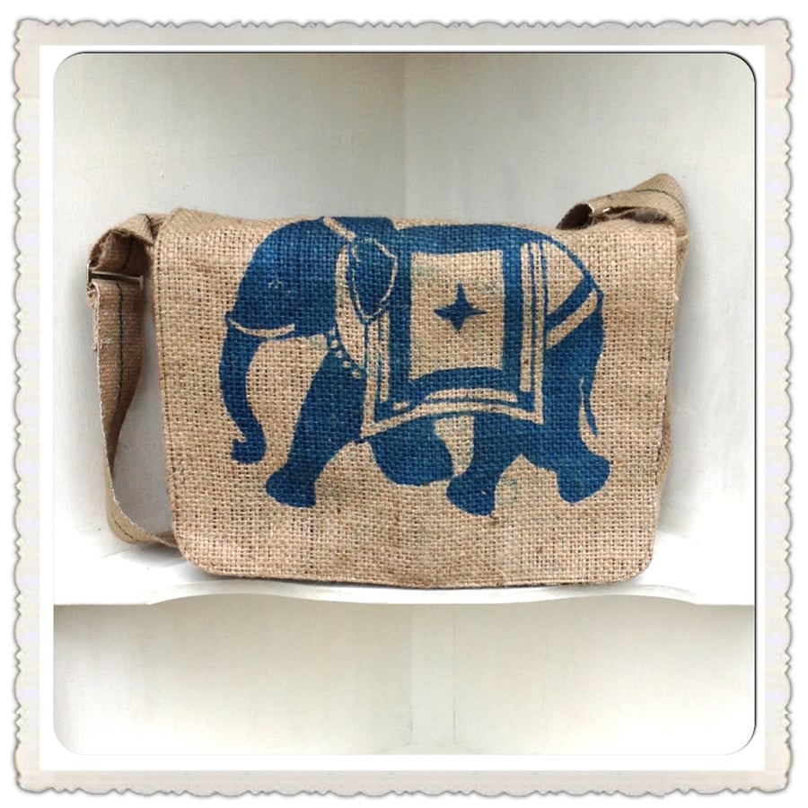 Large Messenger Bag  Blue  Elephant made from upcycled  Coffee Bean sacks