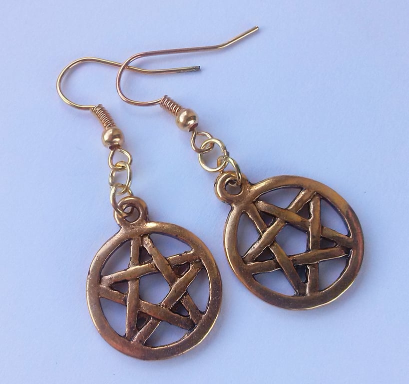 Gold Plate Small Pentagram Pentacle Drop Earrings
