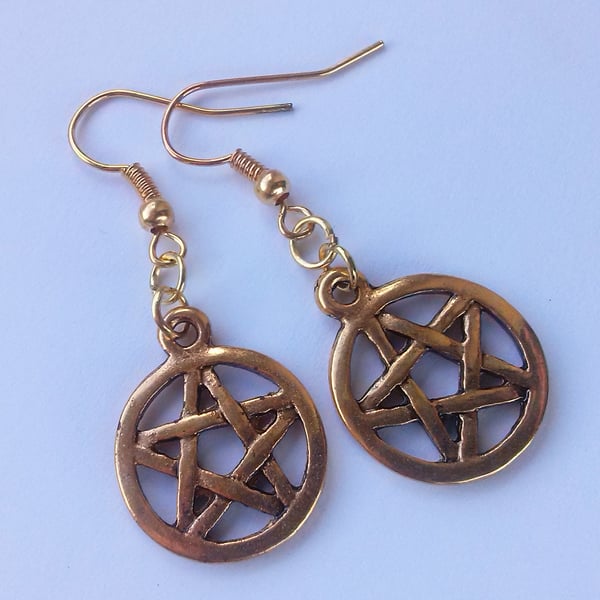 Gold Plate Small Pentagram Pentacle Drop Earrings