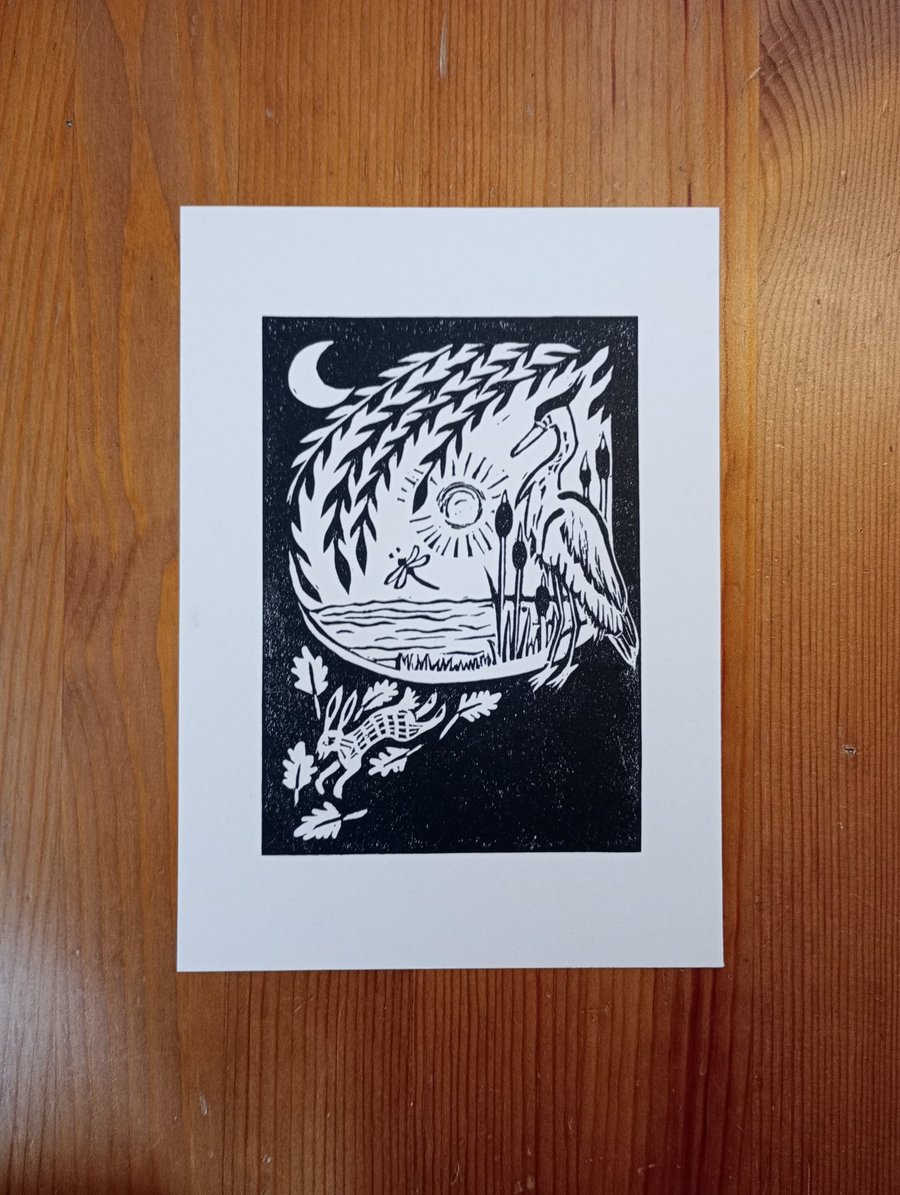 Original A5 linocut print of heron with rabbit