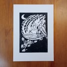 Original A5 linocut print of heron with rabbit