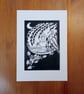 Original A5 linocut print of heron with rabbit