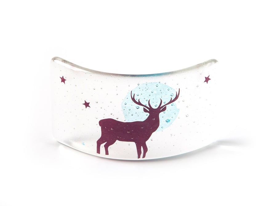 Stag Fused Glass tea light Curve, candle screen, british wildlife, red stag