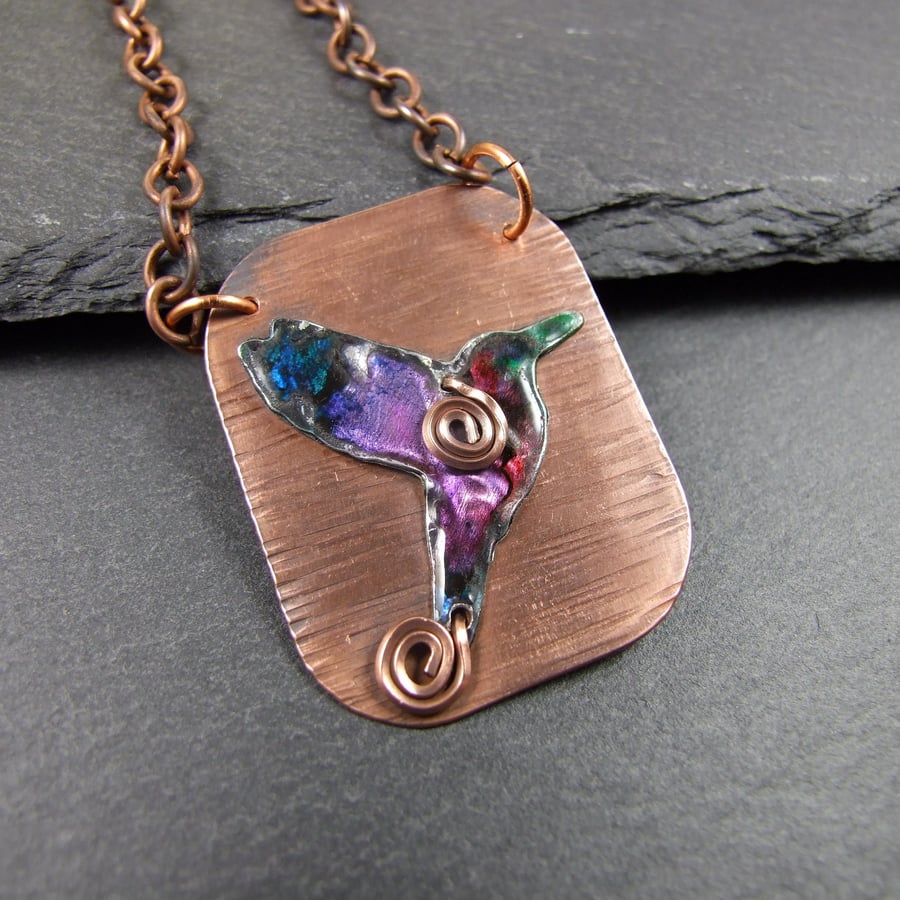 Humming Bird Necklace, Copper and Aluminium Bird with Ink & Resin