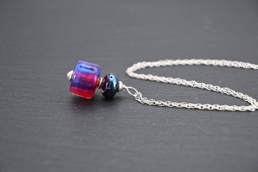lampwork glass pendant necklace pink purple