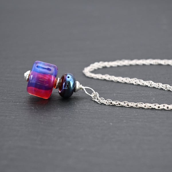 lampwork glass pendant necklace pink purple