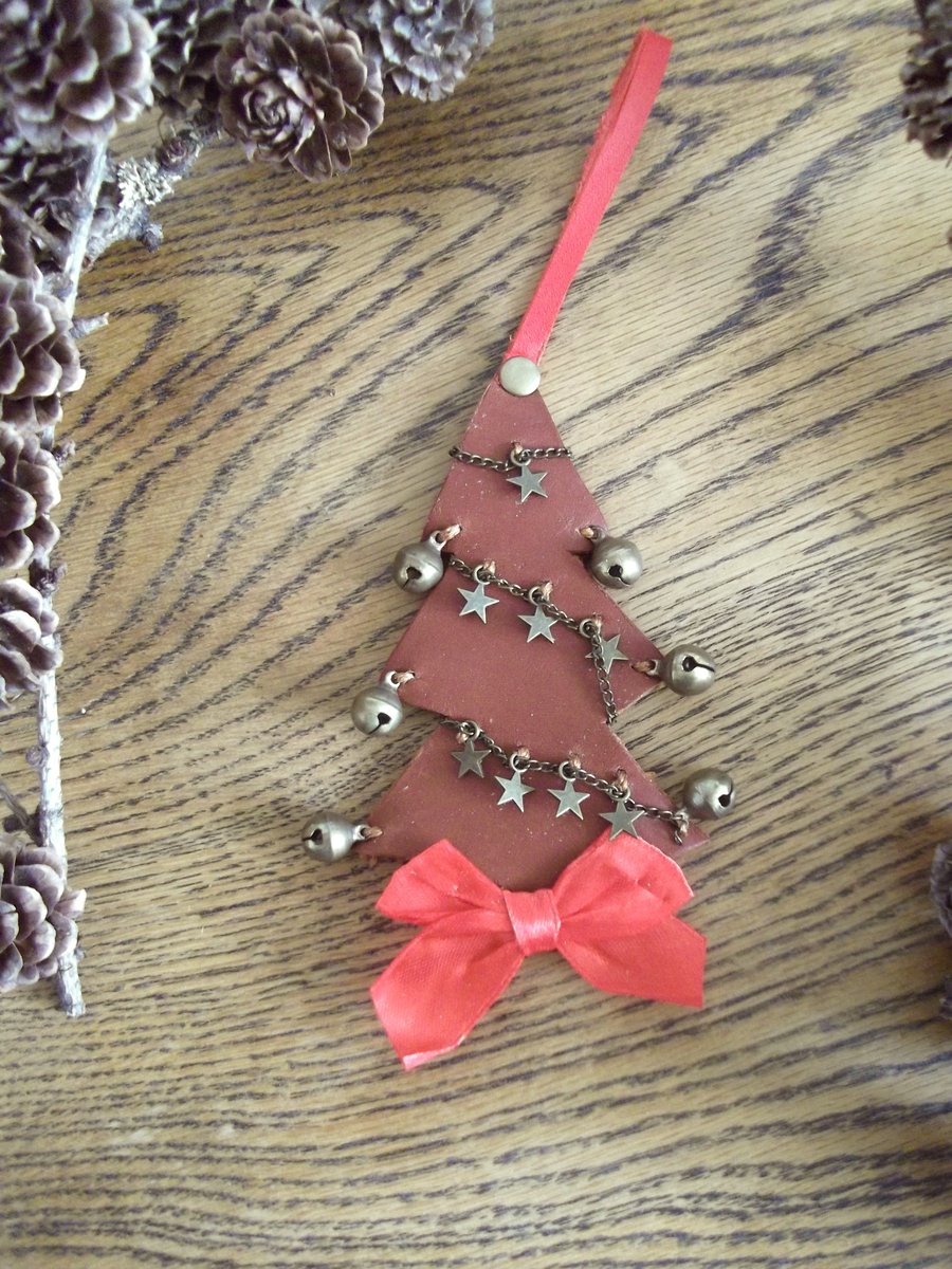 Christmas Tree Leather Decoration With Stars & Bells